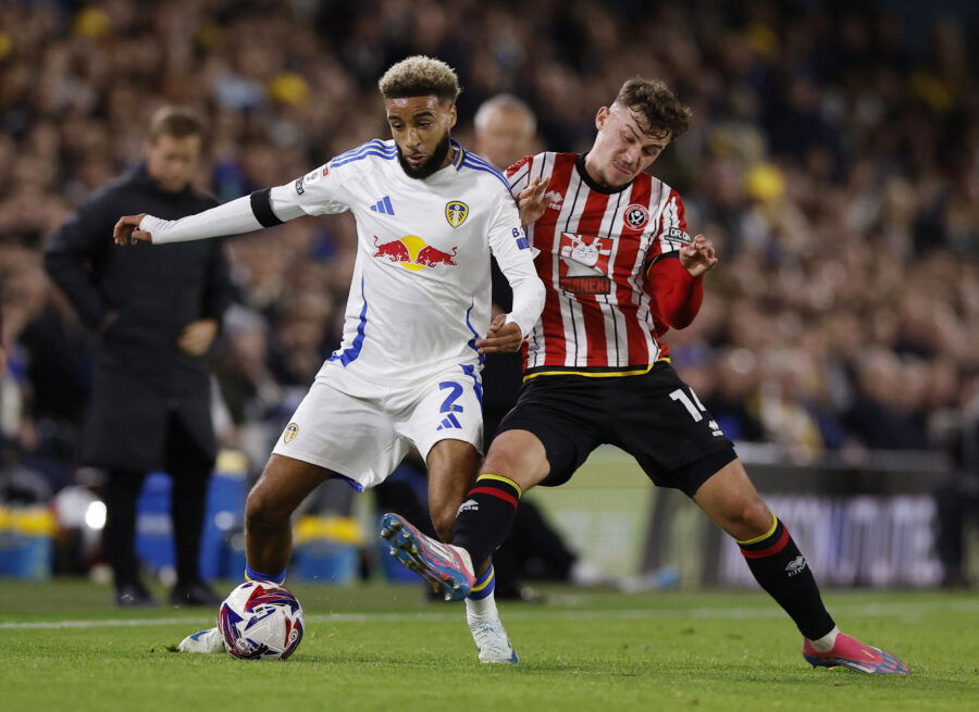 leeds united man jayden bogle and sheffield united defender harrison burrows