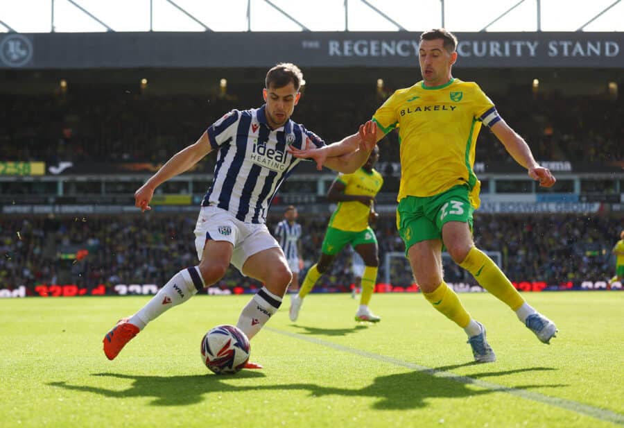 WBA, NCFC - West Brom -Man Jayson Molumby and Norwich City Captain Kenny McLean Tussle