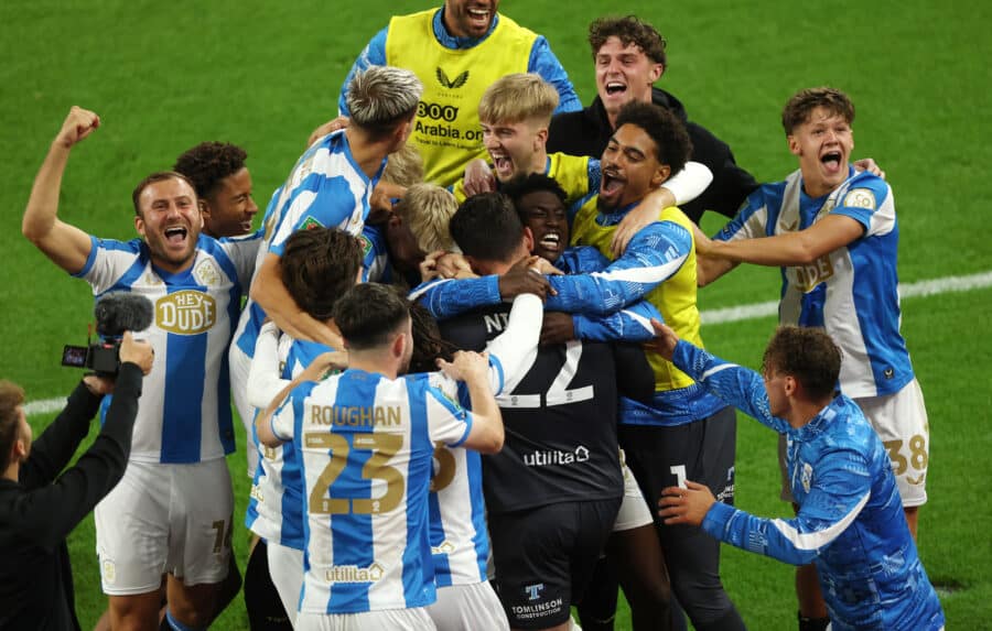 HTAFC - Huddersfield Town's Lee Nicholls celebrates with teammates after saving the penalty