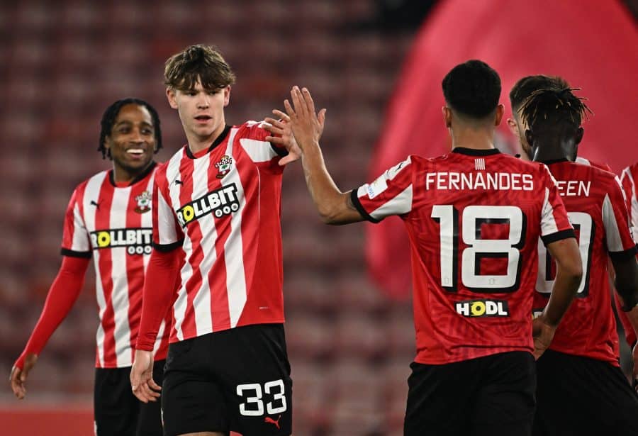 Southampton's Tyler Dibling celebrates scoring their third goal with Mateus Fernandes
