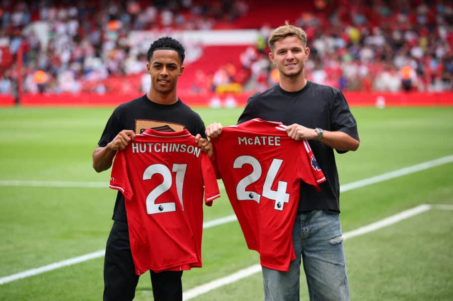 Nottingham Forest new signings Omari Hutchinson and James McAtee pose with their shirts inside the stadium before the match