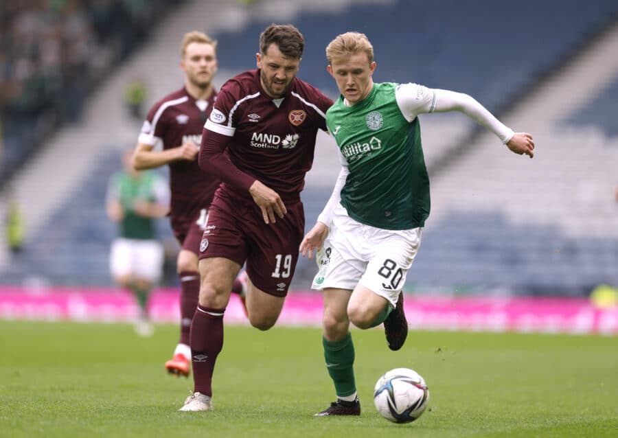 Hibernian's Ewan Henderson in action with Heart of Midlothian's Craig Halkett