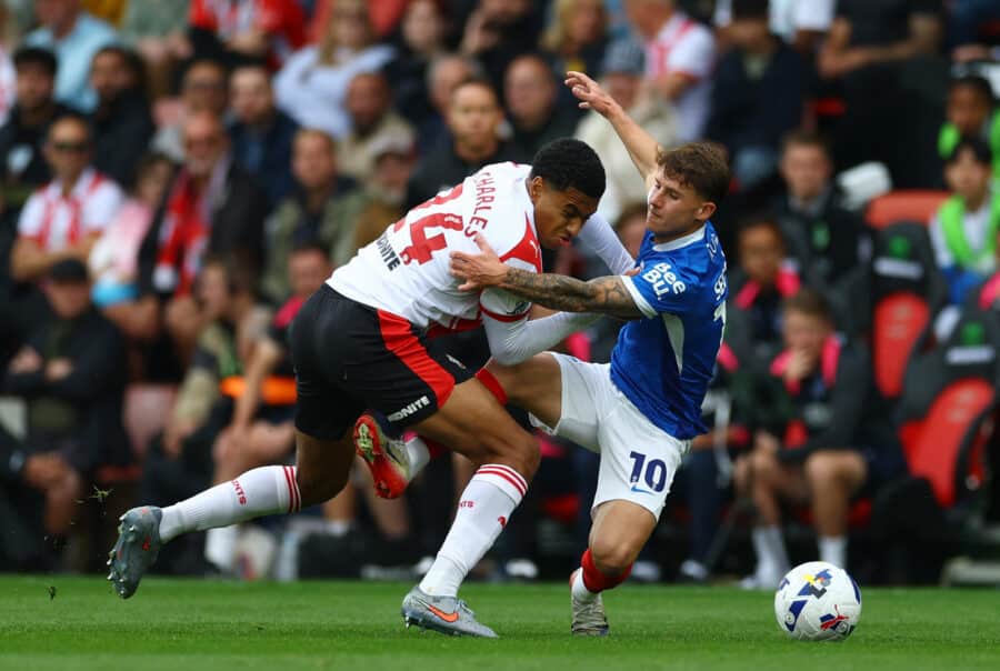 Shea Charles of Southampton in action with Adrian Segecic of Portsmouth