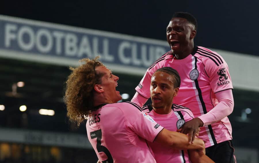 LCFC - Leicester City's Bobby De Cordova-Reid celebrates their first goal with Wout Faes and Patson Daka, an own goal scored by Nathaniel Phillips of West Bromwich Albion