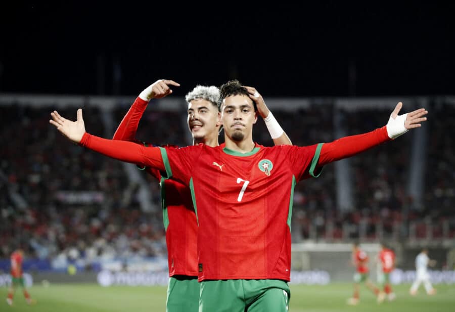 Morocco's Yassir Zabiri celebrates scoring their second goal with Othmane Maamma