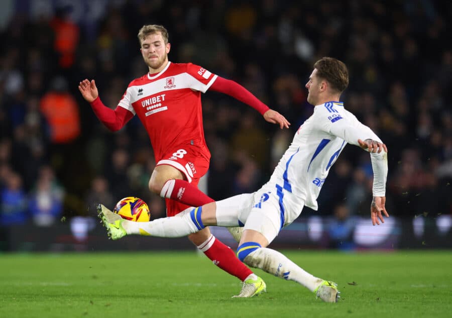 Boro - Leeds United's Joe Rodon in action with Middlesbrough's Riley McGree