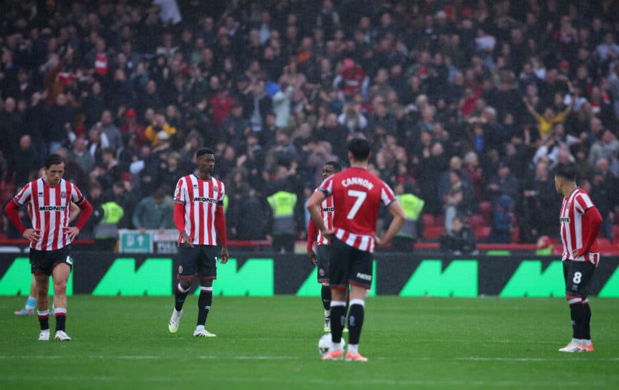 Sheffield United's players appear dejected after Charlton Athletic's Isaac Olaofe scores their first goal