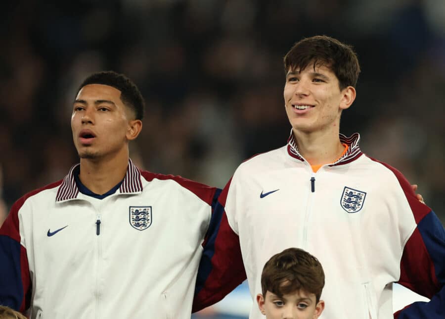 England's Jobe Bellingham and James Beadle line up during the pre-match anthem