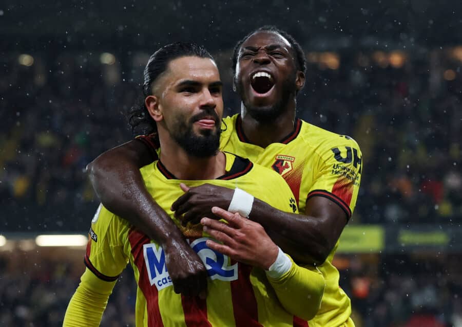 Watford's Imran Louza celebrates scoring their first goal with Jeremy Ngakia