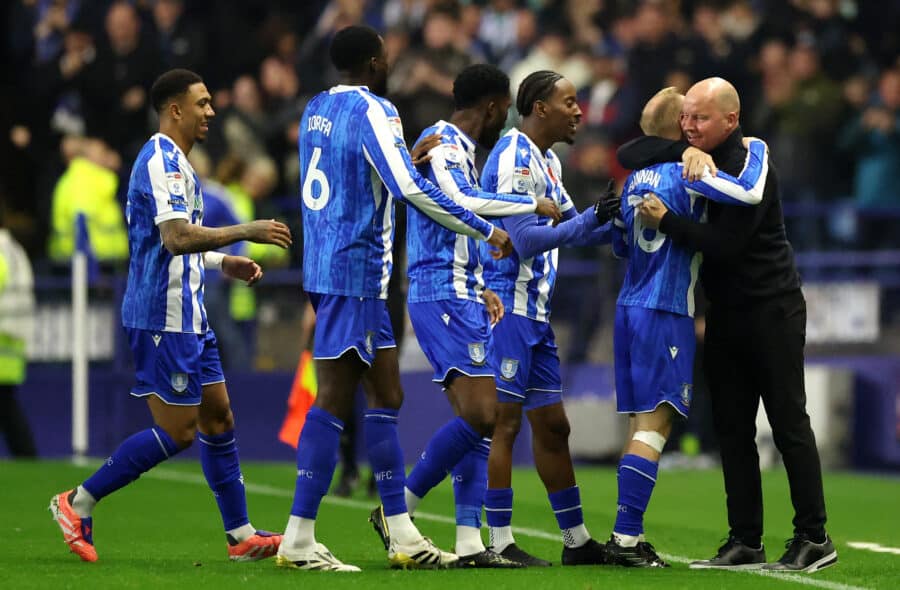 Sheffield Wednesday's Barry Bannan celebrates scoring their first goal with Sheffield Wednesday manager Henrik Pedersen and teammates