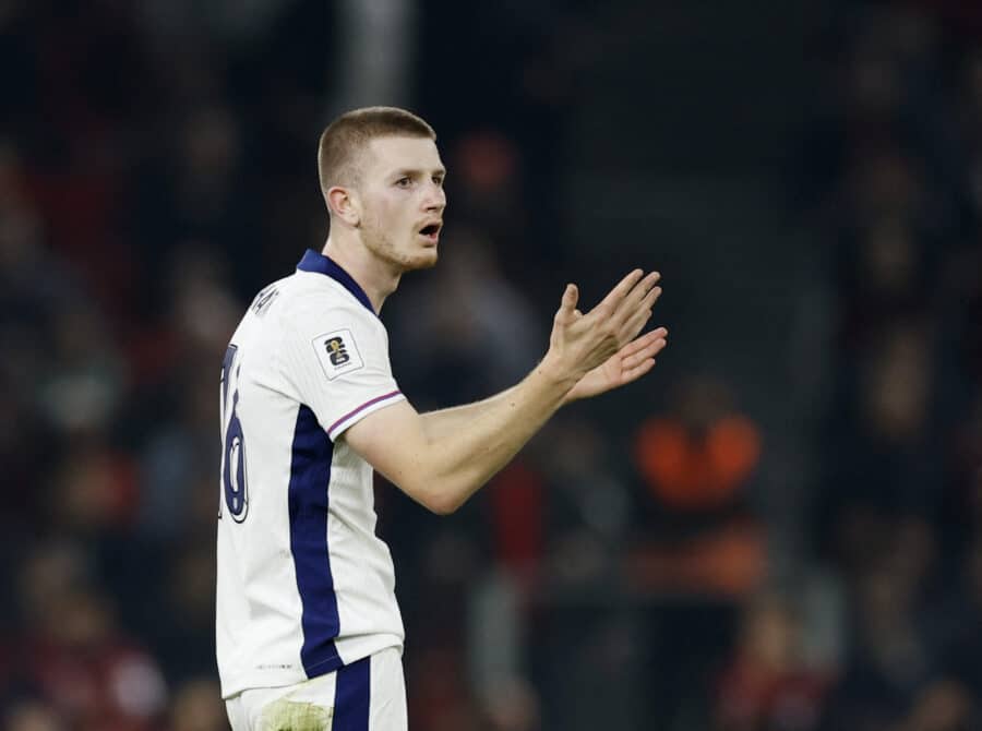 England's Adam Wharton reacts after seen a yellow card