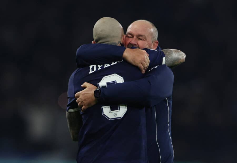 Scotland manager Steve Clarke and Lyndon Dykes celebrate after qualifying for the World Cup