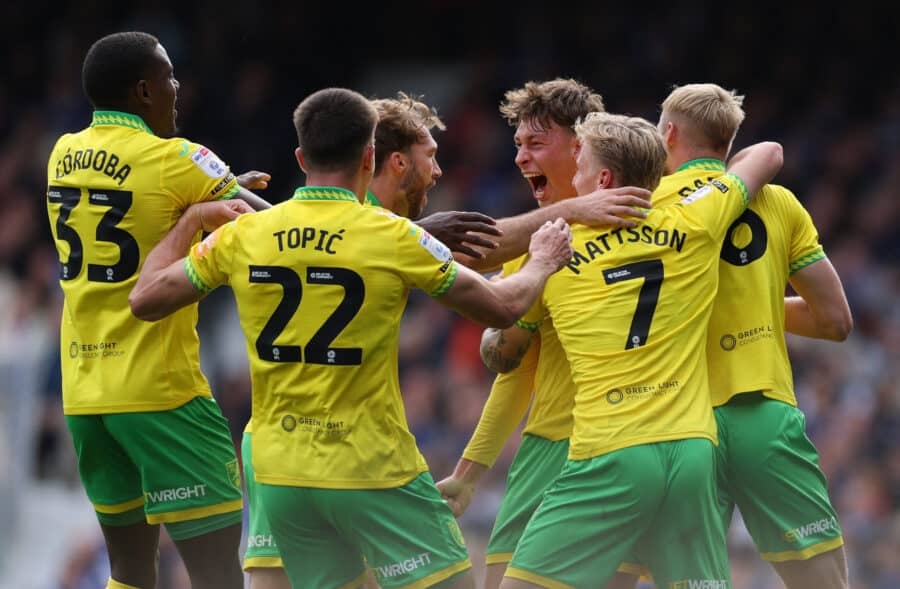 Norwich City's Oscar Schwartau celebrates scoring their first goal with teammates