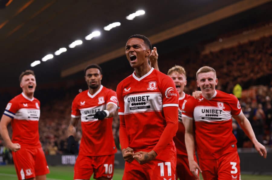 Middlesbrough's Morgan Whittaker celebrates scoring their second goal with teammates