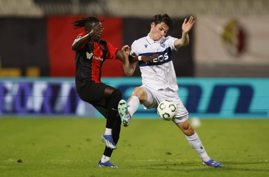 Hamrun Spartans' Saliou Thioune in action with Lausanne Sports' Jamie Roche